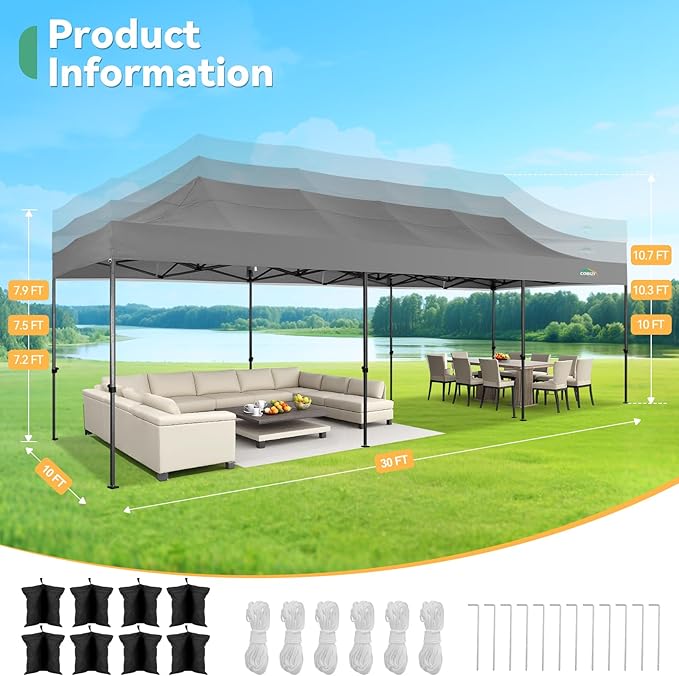 COBIZI 10x30 Pop up Canopy Tent Heavy Duty Without Sidewalls, Easy Set-up Commercial Outdoor Party Canopy, 100% Waterproof Wedding Gazebo, 3 Height Adjustable with Wheeled Bag, Gray