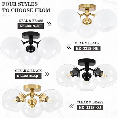 KoKo&Yukina 3-Light Mid Century Modern Black Semi Flush Mount Ceiling Light Globe Sputnik Chandelier Fixture Clear Glass Globe Ceiling Lights for Bedroom Living Room Hallway Entryway Foyer