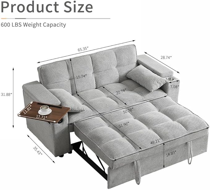 65'' Convertible Sleeper Sofa Bed with Adjustable Backrest, Chaise Lounge, Side Table & USB/Type-C Ports – Stylish & Functional Addition to Any Living Room (Fashion Light Grey)