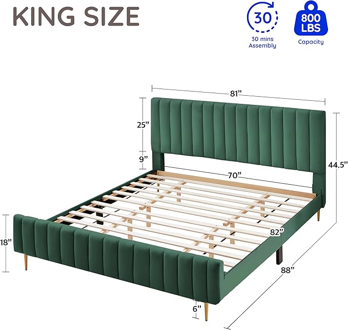 Livinia King Size Elton Velvet Platform Bed, Upholstered Bed Frame with Vertical Channel Tufted Headboard Footboard, Strong Wood Slats, No Box Spring Needed, Green (King)