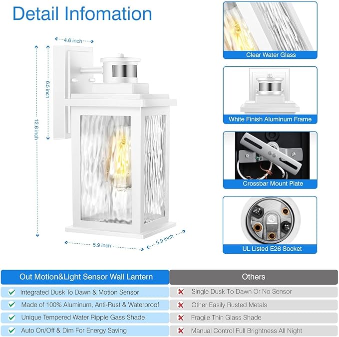 VIANIS 2 Pack Motion Sensor Outdoor Wall Lantern, White Dusk to Dawn Outdoor Lighting Wall Mount, Anti-Rust Waterproof Exterior Light Fixture with Tempered Glass for House Front Porch Garage Entryway