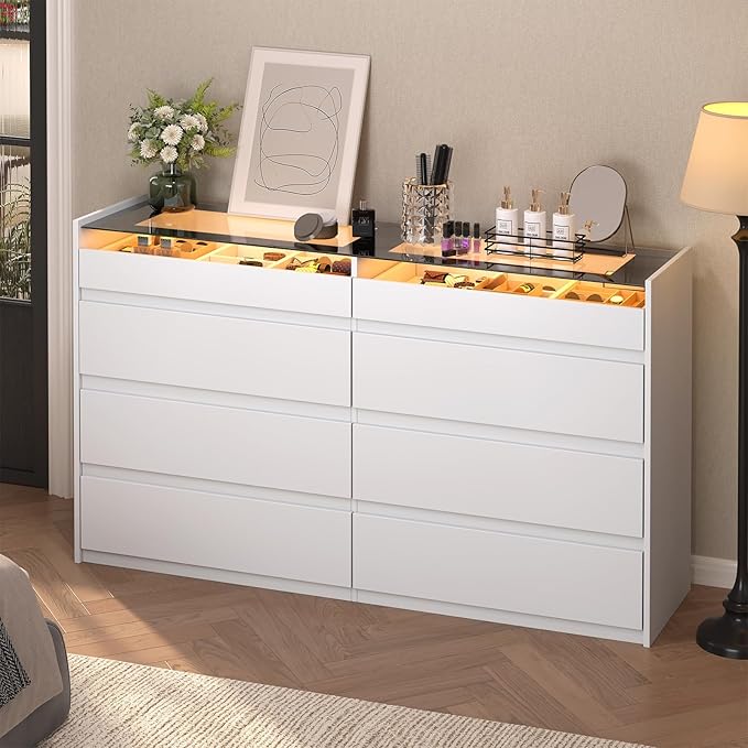 White 8 Drawer Dresser for Bedroom, Modern Chest of Drawers, Jewelry Dresser Display with Glass Top and LED Light, Dressers Organizer for Bedroom, Closet, Living Room