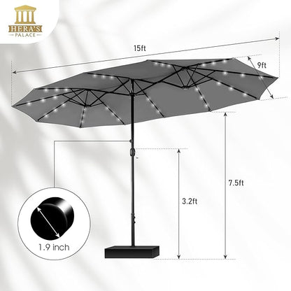 HERA'S PALACE 15ft Patio Umbrella with Base Included Double Sided Outdoor Umbrella for Patio Table Umbrella Outdoor 36 LED Solar Lights for Garden