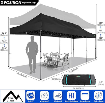 COBIZI 10x30 Heavy Duty Pop up Canopy Party Tent for Parties Weddings Events UPF 50+ Waterproof Commercial Gazebo with Roller Bag, Black