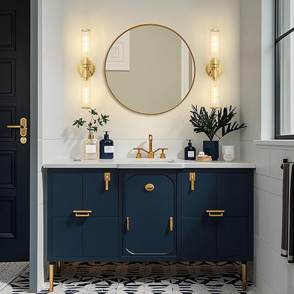 Bathroom Light Fixtures, Gold Wall Sconce in Threaded Glass Vanity Lights 2 Pack, Modern Bathroom Vanity Light Up and Down Sconces Wall Lighting for Bathroom, Living Room - Bulb Not Included