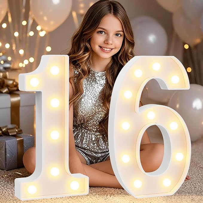 Pooqla 16th Birthday Decorations for Girls Boys, Large 12.6 in Tall Light Up Numbers for Sweet 16 Party Decorations Table Decor, Big Marquee Numbers 16th Birthday Gift for Girls Anniversary Decor