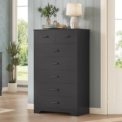 DICTAC Black Dresser for Bedroom with 7 Drawers, 55.7" Tall Dressers Chest of Drawers, Modern Large Wood Storage Dresser Organizer with Metal Handle, Vertical Dressers for Bedroom Living Room Nursery