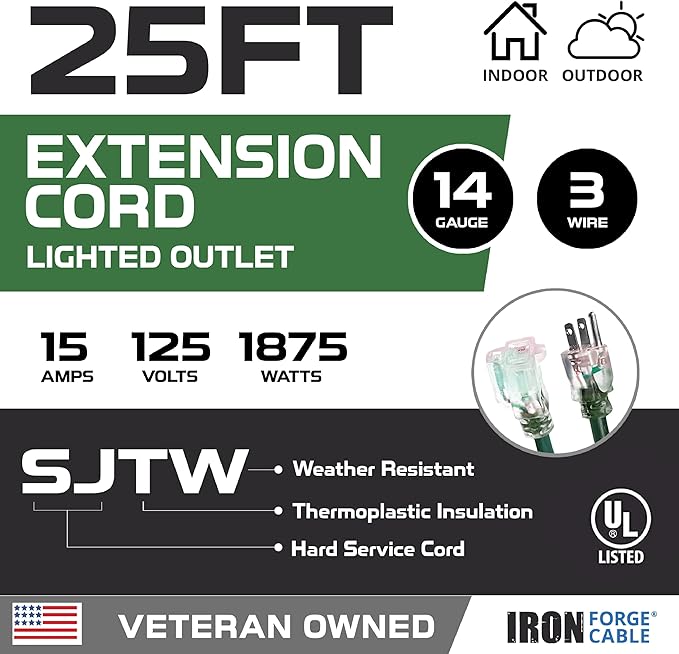 Iron Forge Cable Weatherproof 25 Ft Outdoor Extension Cord Green - 14/3 SJTW 15 Amp Heavy Duty Green Extension Cord Outdoor 3 Prong - Lighted End