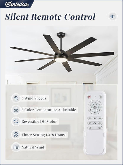 Fanbulous 65 Inch Ceiling Fans with Lights and Remote, Black and Wood Grain Indoor/Outdoor Ceiling Fan with Quiet Reversible DC Motor, 3CCT, 6 Speeds, Large Ceiling Fan for Living Room Bedroom