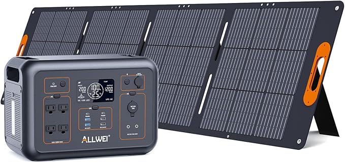 ALLWEI LiFePO4 Portable Power Station 1200W with 1 * 200W Solar Panel, Fast Charge in 1.5Hrs, 1008Wh Solar Generator(Peak 2400W), 4* AC Outlet, Home Backup Battery for Emergency RV Camping Off-grid
