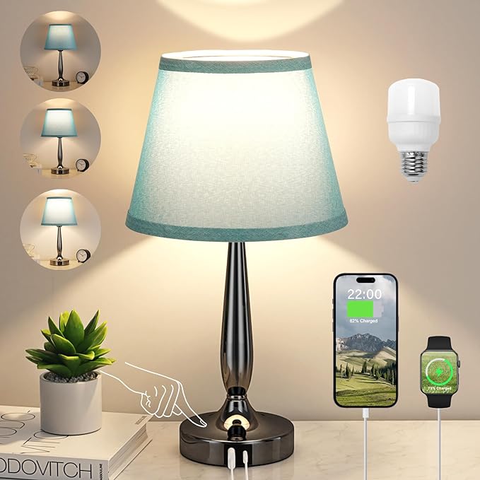 Touch Bedside Lamp for Bedroom with USB C Port, Small Touch Table Lamp with 2 USB Charging Ports, 3 Way Dimmable Nightstand Lamp for Living Room and Office - Turquoise Blue (LED Bulb Included)