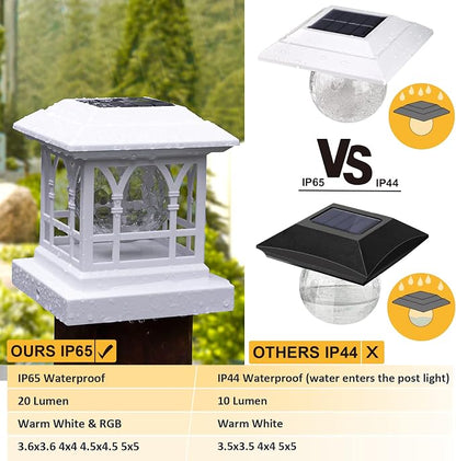 Solar Post Cap Lights, Warm White & RGB Automatic Cycling, Cracked Glass Bulb, 20 Lumens lP65 Waterproof Fit 3.6x3.6 4x4 4.5x4.5 5x5 Wood Fence Post Solar Powered Lights White (12 Pack)
