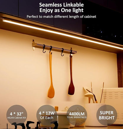 Leetdud Under Cabinet Lighting Plug in, 32 Inch 4 Pcs, Linkable AC120V 3CCT 3000K/4000K/5000K Ultra Slim, LED Under Cabinet Lights for Counter Light, Kitchen, Shelf, Sink, Workshop, Desk, White