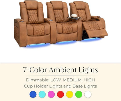Seatcraft Diamante Zero-Gravity CoolZero Italian Leather Home Theater Seating, Power Headrest, Power Recline, Row of 4 Left Loveseat, Tawny
