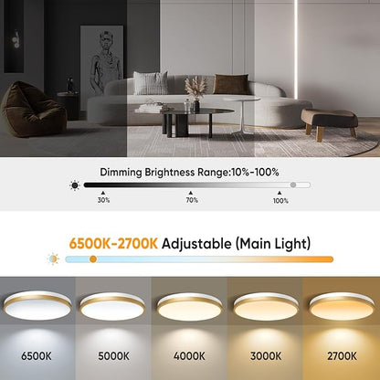 13 Inch Flush Mount Ceiling Light with Remote Control & Night Light, 5CCT Dimmable Ceiling Light Fixture, 25W 2500LM 2700K-6500K Adjustable LED Ceiling Lights for Bedroom Kitchen, White Gold