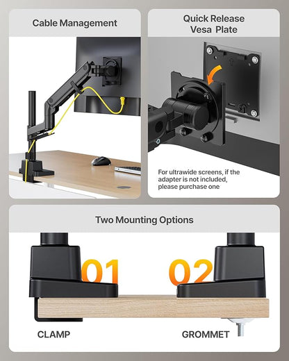 monTEK 17-57 Inch Ultrawide Monitor Arm for Up to 59.4lbs Screens, Aluminum Heavy-Duty Gas Spring Single Curved Screen Adjustable Monitor Stand,75/100mm Vesa Mount, Black