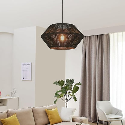 GLOBE Electric 65470 1-Light Chandelier, Matte Black Shade and Canopy, Natural Twine, Cloth Cord, Modern Hanging Lights for Kitchen Island, Bedroom, or Dining Room, Dimmer Switch Compatible