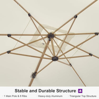 PURPLE LEAF 9' x 12’ Rectangle Patio Cantilever Umbrella Large Hanging Umbrella Teak Finished Aluminum Frame Windproof Offset Outdoor Sun Umbrellas for Beach Pool Deck, Cream