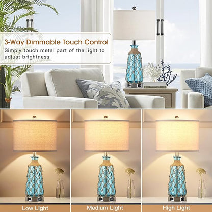 Coastal Glass Table Lamps, 3-Way Dimmable Touch Control Bedside Lamps with 2 USB Ports and AC Outlet, Teal Nautical Nightstand Lamps for Bedroom Living Room (LED Bulbs Included)