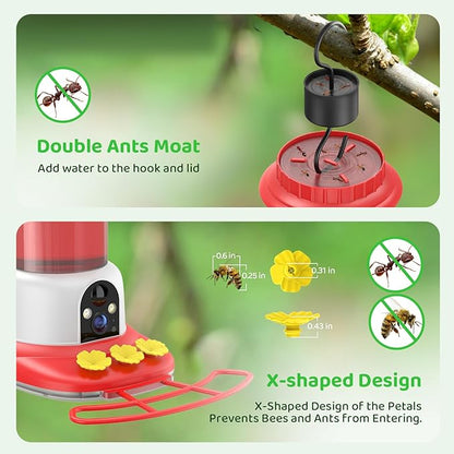 SEHMUA Smart Hummingbird Feeder with Camera, Solar Powered Bird Cam with 1 Year Trial AI Identify, Ant Moat & Bee Proof, Outdoor Hanging, Gift for Bird Watching