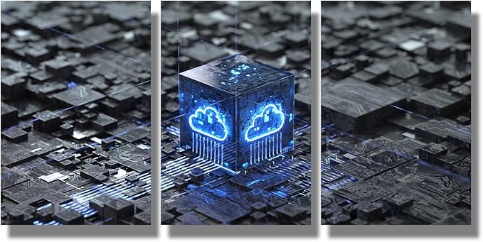 LSIUHWUWI Wall Art for Living Room 3 Panel Cloud Computing and Vetwork Security Concept Pictures Posters Contemporary Wall Decor for Home Office Hotel Wall Wooden Framed Ready to Hang 16x24inchx3