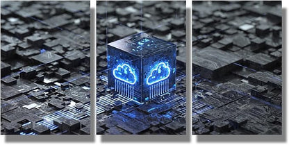 LSIUHWUWI Wall Art for Living Room 3 Panel Cloud Computing and Vetwork Security Concept Pictures Posters Contemporary Wall Decor for Home Office Hotel Wall Wooden Framed Ready to Hang 16x24inchx3