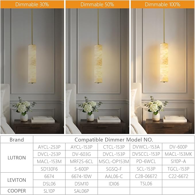 LMQNINE Natural Alabaster Pendant Lights White Marble 15" Long Tube Adjustable Boom Chandelier Modern 3000K Gold Ceiling Light for Kitchen Island Bedroom Dining Room Living Room Hallway(S-2Pack)