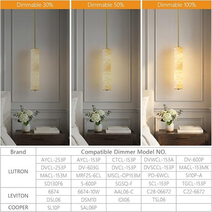 LMQNINE Natural Alabaster Pendant Lights White Marble 15" Long Tube Adjustable Boom Chandelier Modern 3000K Gold Ceiling Light for Kitchen Island Bedroom Dining Room Living Room Hallway(S-2Pack)