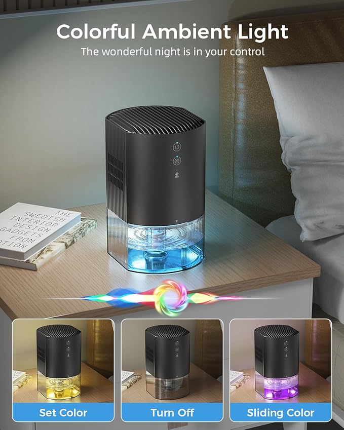 Small Dehumidifiers for Bathroom, Bedroom, Dorm Room, Home, RV, Closet, Wardrobe, Office, Portable Dehumidifier with Auto Shut Off, Auto Defrost, Colorful Light, Ultra Quiet, Energy Saving, 35 OZ