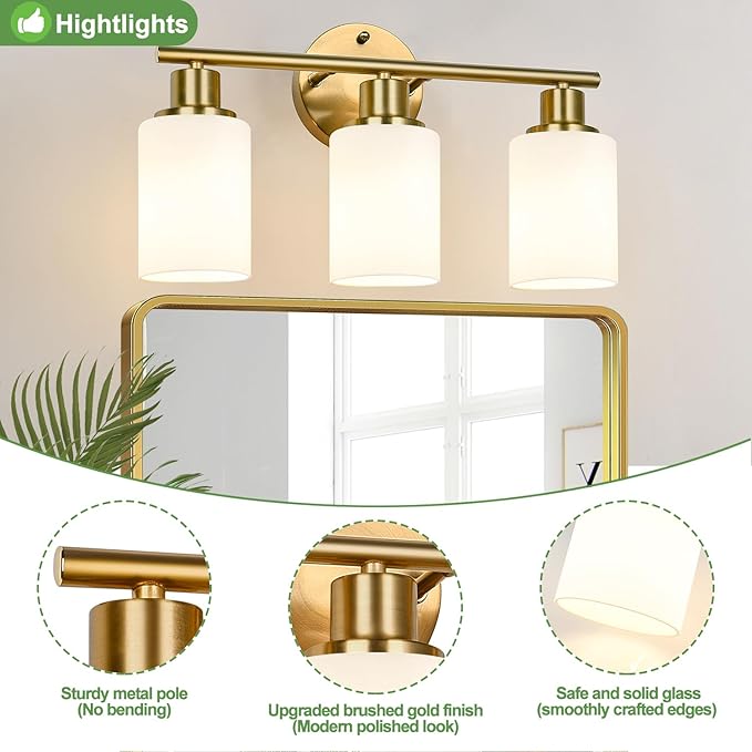 3-Light Bathroom Light Fixtures, Brushed Gold Vanity Light, Farmhouse Wall Lights with Milky White Frosted Glass Shades, Bathroom Wall Lamp for Mirror Kitchen Bedroom Hallway Living Room