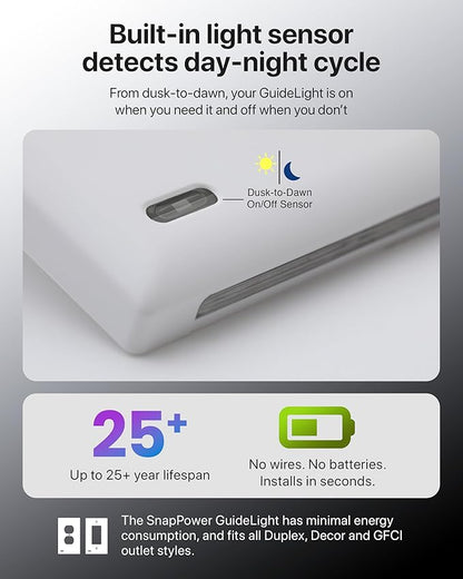Single - SnapPower GuideLight [for Standard Decor, Not GFCI outlets] - Night Light - Electrical Outlet Wall Plate with LED Night Lights - Automatic On/Off Sensor - (Décor, Light Almond)