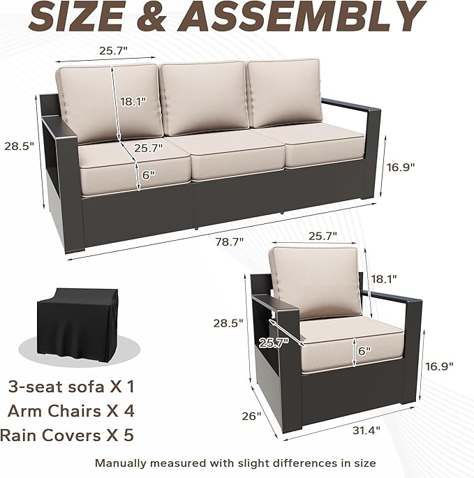 Aluminum Outdoor Conversation Furniture Set with Furniture Covers & 6" Cushions- Patio 79" Sofa with 4 Chairs & 63" Steel Propane Fireplace, 50,000 BTU Fire Pit with CSA Certified (Beige)
