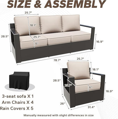 Aluminum Outdoor Conversation Furniture Set with Furniture Covers & 6" Cushions- Patio 79" Sofa with 4 Chairs & 63" Steel Propane Fireplace, 50,000 BTU Fire Pit with CSA Certified (Beige)