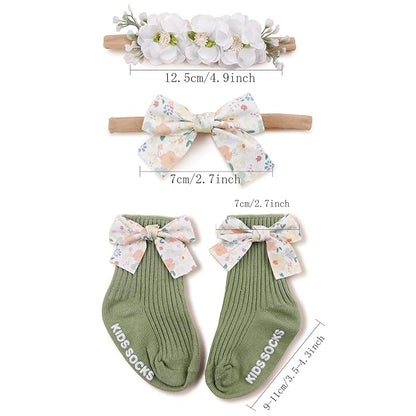cherrboll Baby Girl Headbands and Socks Set, 3Pcs Soft Floral Hairbands Hair Bows Knit Socks for Newborn Infants Toddlers Photography Props Gifts