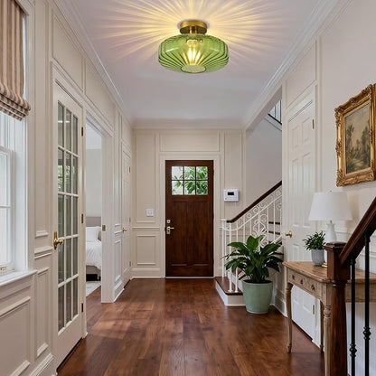 Semi Flush Mount Ceiling Light,11.8 Inch Vintage Green Glass Ceiling Light Fixture,Art Deco Kitchen Lighting Fixtures Ceiling for Hallway Porch Bedroom Bathroom Dining room,E26 Base(Bulb Not Included)