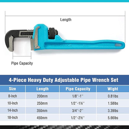 DURATECH 4-Piece Heavy Duty Pipe Wrench Set, 8 ",10 ", 14 ", 18 ", Adjustable Plumbing Wrench, Malleable Cast Iron Handle, Exceed GGG Standard