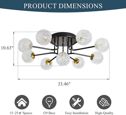 Sputnik Semi Flush Mount Ceiling Light Black Glass Globe Ceiling Lighting Modern Close to Ceiling Light for Living Room Dining Room Bedroom Kitchen