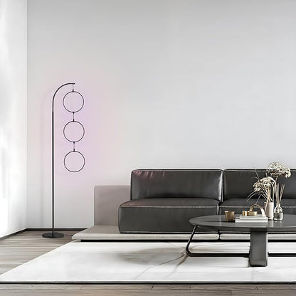 Brightech Nova Modern Color Changing Floor Lamp - LED Lamp with Stunning RGB Color Gradient and Contemporary 3-Circle Ring-Style Pendant - Corner or Over-The-Couch Arching Pole Standing Lamp - Black