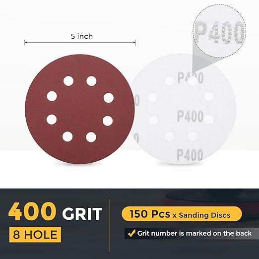 HARFINGTON 150 Pcs 5 Inch Sanding Discs, 400 Grit Hook and Loop Sandpaper, 8-Hole Aluminum Oxide Orbital Sander Sandpaper for Woodworking Automotive Metal Polishing, Red
