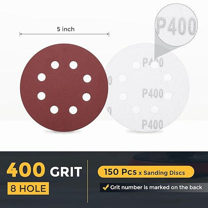 HARFINGTON 150 Pcs 5 Inch Sanding Discs, 400 Grit Hook and Loop Sandpaper, 8-Hole Aluminum Oxide Orbital Sander Sandpaper for Woodworking Automotive Metal Polishing, Red