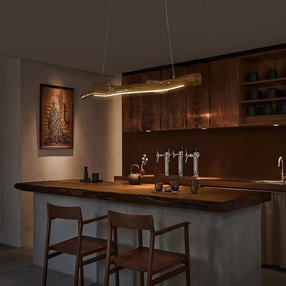 47.3in Wood Linear Pendant with Light,Modern Dimmable Hanging Light Adjustable Kitchen Island Linear Chandelier for Dining Room Bar Pool Table Light Walnut Color