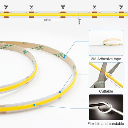White COB LED Strip Lights 32.8ft, 6500K Dimmable Ultra Bright Daylight White 24V LED Light, 3200 LEDs Flexible CRI 93+ COB Light strips for room, Mirror, Kitchen, Bedroom（Remote control not included）