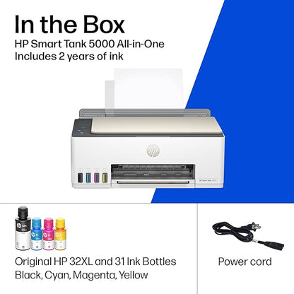 HP Smart Tank 5000 Wireless All-in-One Ink Tank Printer, Scanner, Copier with 2 Years of Ink Included, Best-for-Home, Cartridge-Free, Refillable, AI-Enabled (5D1B6A)