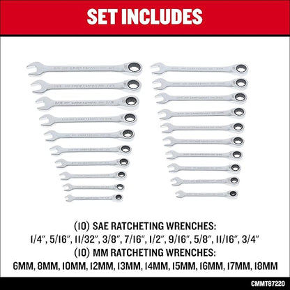 CRAFTSMAN 20 Piece Ratcheting Combination Wrench Set, SAE/Metric (CMMT87220)