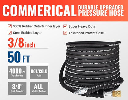 YAMATIC 3/8" Kink Resistant Pressure Washer Hose 50FT, Swivel 3/8" Quick Connector, 4000 PSI High Durability Cold Hot Water Max. 212°F, Fit Most Residential and Commercial Pressure Washer
