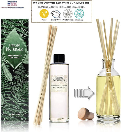 Urban Naturals Honeysuckle & Jasmine Reed Diffuser Oil Refill | Beautiful Floral Fragrance | Hyacinth, Neroli, Iris, Rose & Lily of the Valley | Includes Free Set of Reed Sticks! Made in the USA