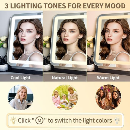 HNV Vanity Mirror with Lights - 15"x13" LED Lighted Makeup Mirror, Dimmable Touch Screen with 3-Color Lighting, 360° Rotation, Black Aluminum Frame for Vanity Desk, Bedroom, Tabletop