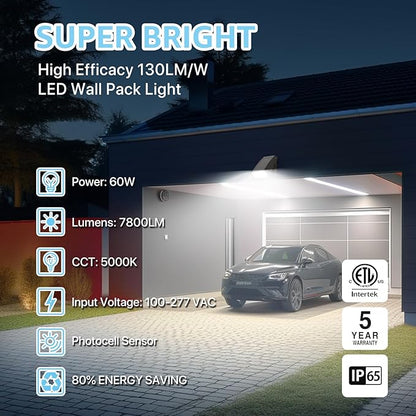 HYPERLITE Wall Pack 60W: 7800lm Dusk to Dawn Photocell Led Wall Packs Outside Lighting ETL Listed, Ideal Adjustable Security Lights Outdoor for Driveway Barn Warehouse Shed Alleyways Patio Entrance