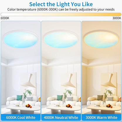 20 Inch Flush Mount Ceiling Light Fixture,43W Dimmable Ceiling Light with Remote, 3000K/4500K/6000K Adjustable White Ceiling Lights, Blue Sky LED Round Flat Panel Light for Kitchen, Bedroom