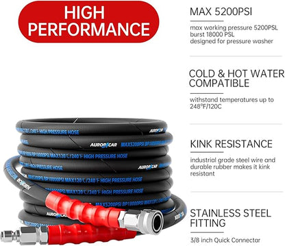 3/8'' Pressure Washer Hose 25FT, Kink Resistant High Tensile Wire Braided Power Washer Hose for Hot and Cold Water with 2 Pcs M22-14mm 3/8" Quick Connect Kit, 5200PSI Commercial Industrial Grade